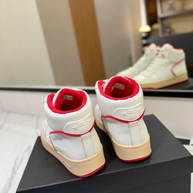 MID-TOP SNEAKERS IN WHITE AND RED TRIM PERFORATED LAMBSKIN
