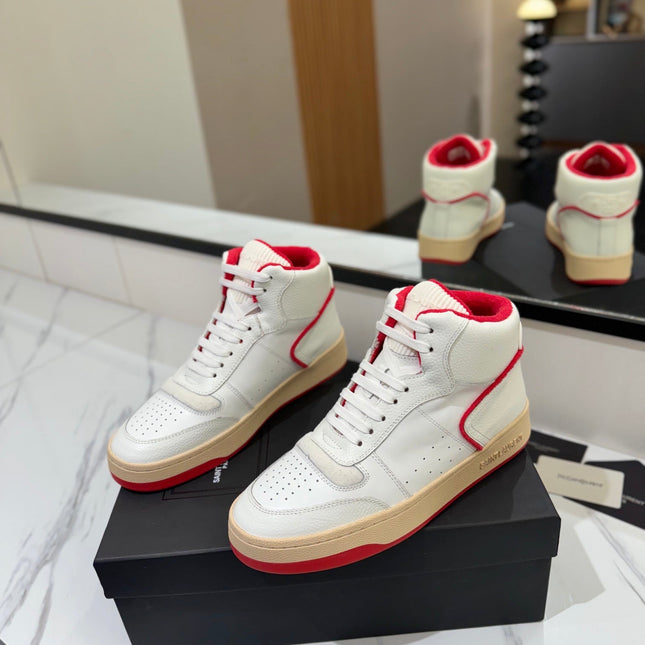 MID-TOP SNEAKERS IN WHITE AND RED TRIM PERFORATED LAMBSKIN