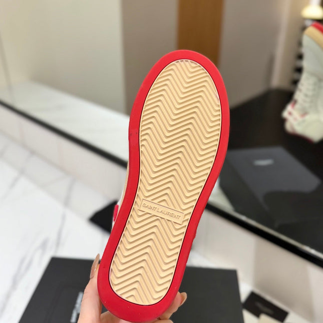 MID-TOP SNEAKERS IN WHITE AND RED TRIM PERFORATED LAMBSKIN