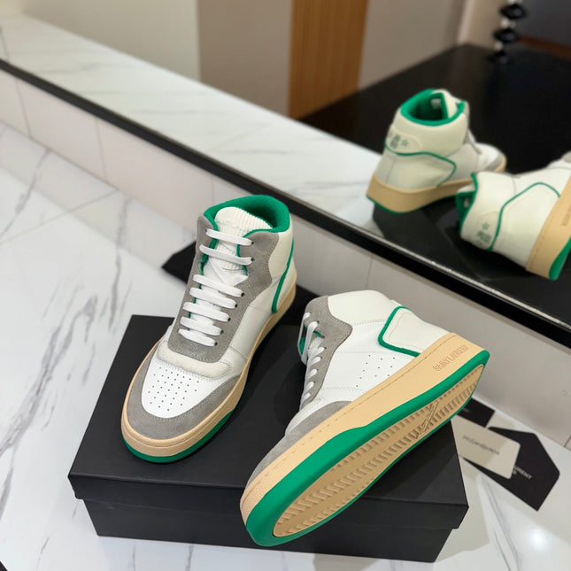 MID-TOP SNEAKERS IN WHITE PERFORATED LAMBSKIN AND GRAY SUEDE