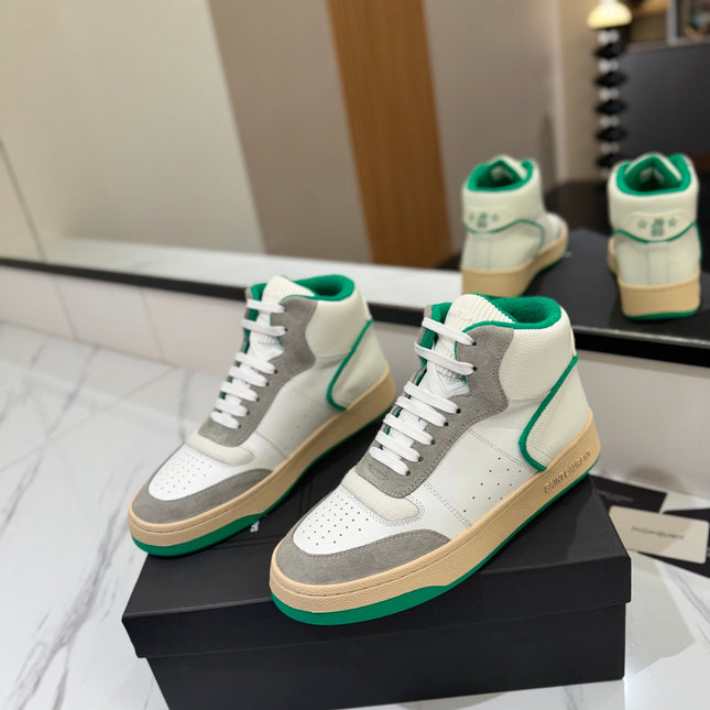 MID-TOP SNEAKERS IN WHITE PERFORATED LAMBSKIN AND GRAY SUEDE