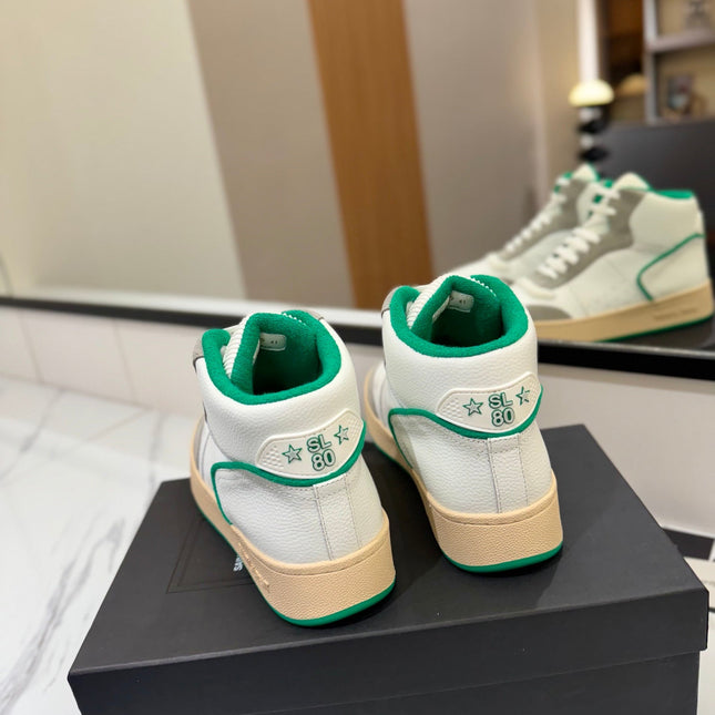 MID-TOP SNEAKERS IN WHITE PERFORATED LAMBSKIN AND GRAY SUEDE