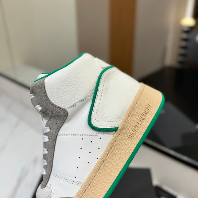 MID-TOP SNEAKERS IN WHITE PERFORATED LAMBSKIN AND GRAY SUEDE