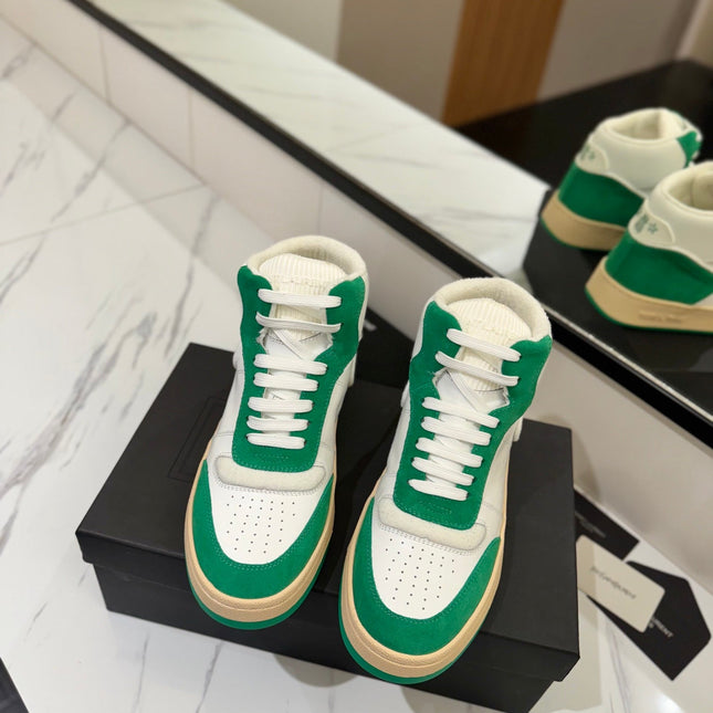 MID-TOP SNEAKERS IN WHITE PERFORATED LAMBSKIN AND GREEN SUEDE