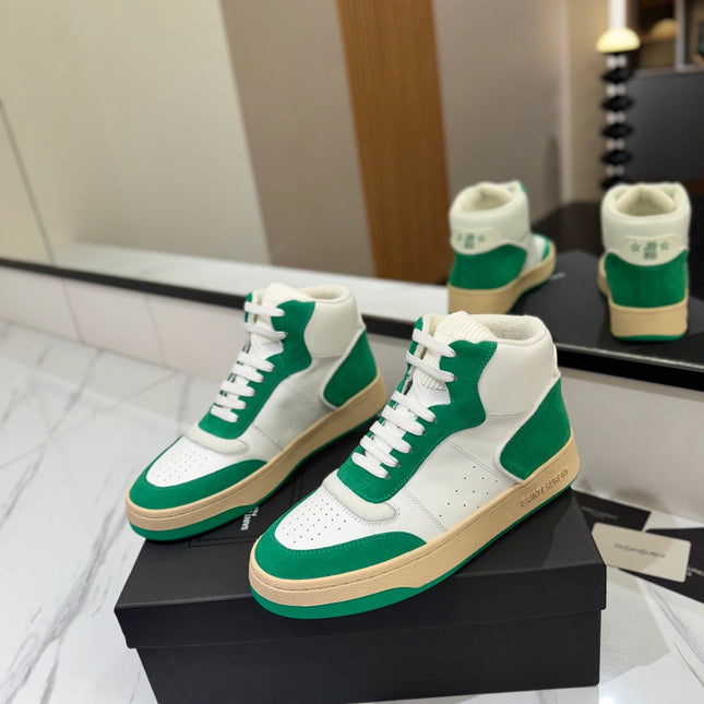 MID-TOP SNEAKERS IN WHITE PERFORATED LAMBSKIN AND GREEN SUEDE