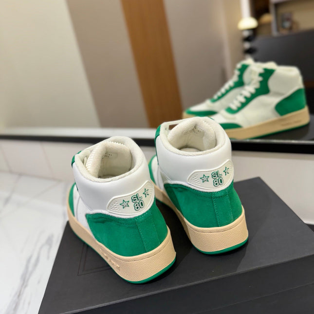MID-TOP SNEAKERS IN WHITE PERFORATED LAMBSKIN AND GREEN SUEDE