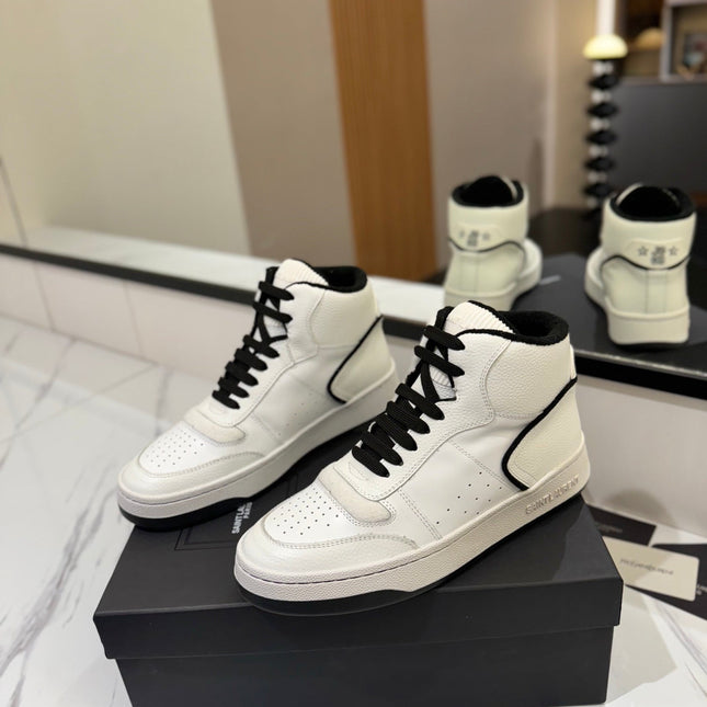 MID-TOP SNEAKERS IN WHITE AND BLACK TRIM PERFORATED LAMBSKIN
