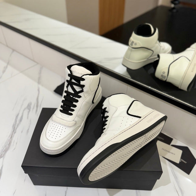 MID-TOP SNEAKERS IN WHITE AND BLACK TRIM PERFORATED LAMBSKIN