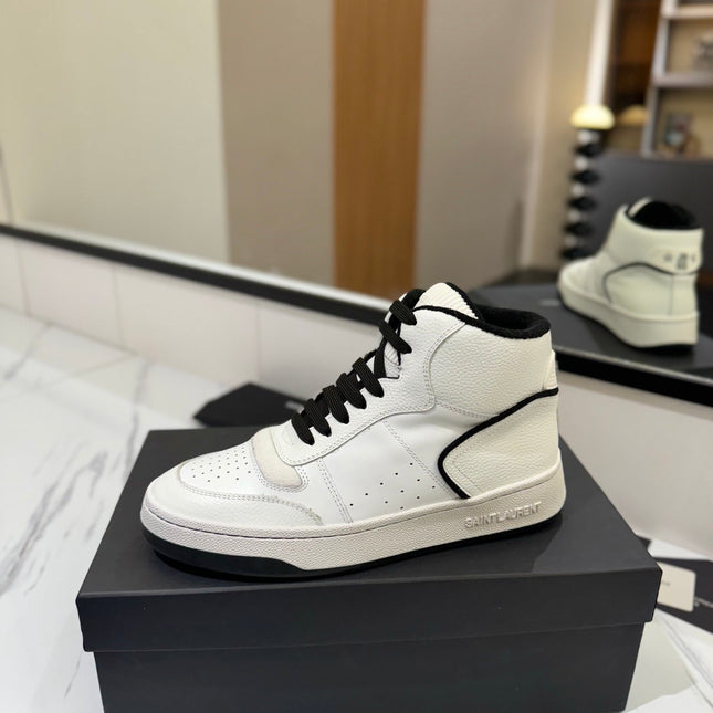 MID-TOP SNEAKERS IN WHITE AND BLACK TRIM PERFORATED LAMBSKIN