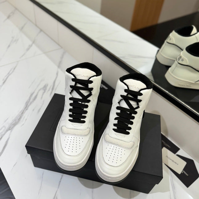 MID-TOP SNEAKERS IN WHITE AND BLACK TRIM PERFORATED LAMBSKIN