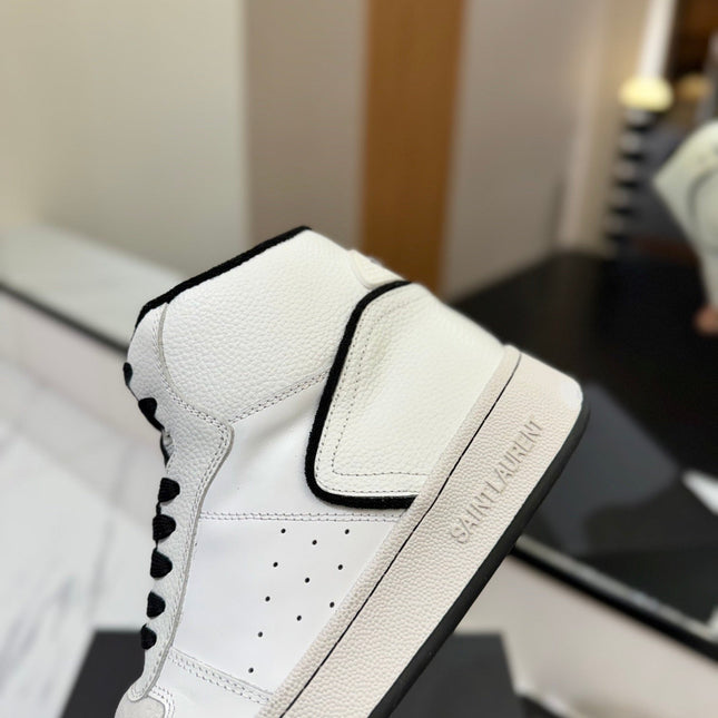 MID-TOP SNEAKERS IN WHITE AND BLACK TRIM PERFORATED LAMBSKIN