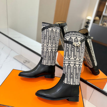 JUMPING BOOT 2 CM IN BLACK CALFSKIN AND BLACK MIX WHITE FABRIC