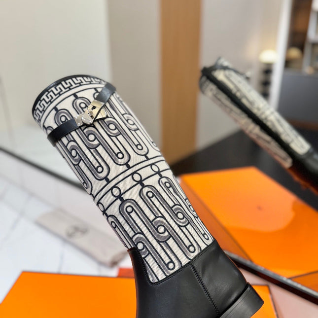 JUMPING BOOT 2 CM IN BLACK CALFSKIN AND BLACK MIX WHITE FABRIC