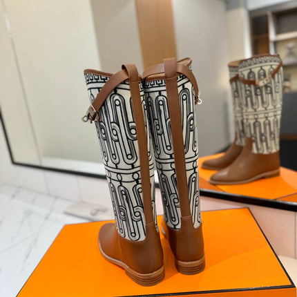 JUMPING BOOT 2 CM IN BRONZE BROWN CALFSKIN AND BLACK MIX WHITE FABRIC