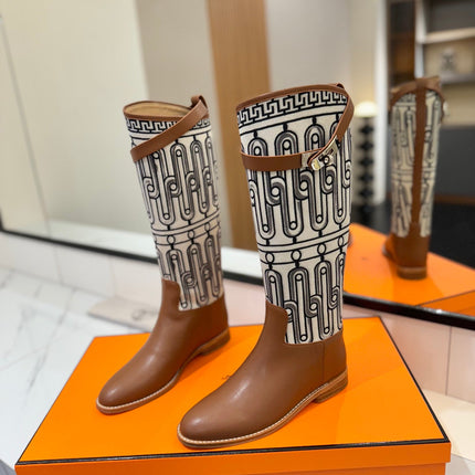 JUMPING BOOT 2 CM IN BRONZE BROWN CALFSKIN AND BLACK MIX WHITE FABRIC