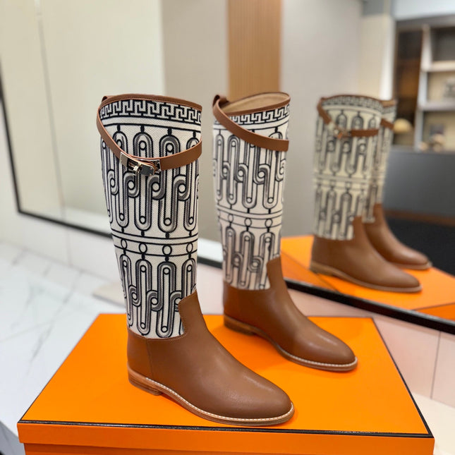 JUMPING BOOT 2 CM IN BRONZE BROWN CALFSKIN AND BLACK MIX WHITE FABRIC