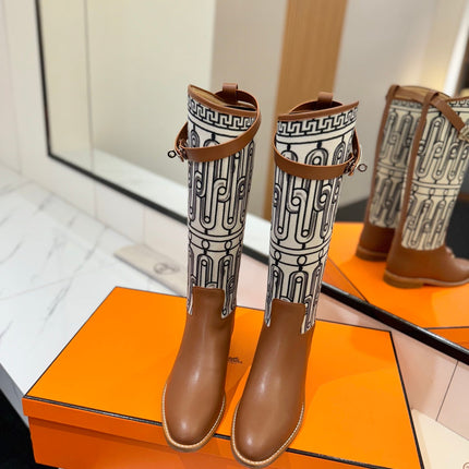 JUMPING BOOT 2 CM IN BRONZE BROWN CALFSKIN AND BLACK MIX WHITE FABRIC