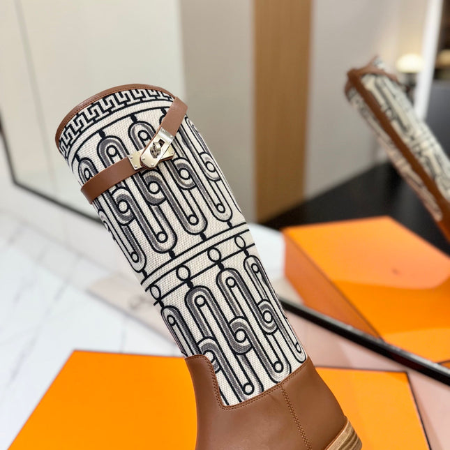 JUMPING BOOT 2 CM IN BRONZE BROWN CALFSKIN AND BLACK MIX WHITE FABRIC