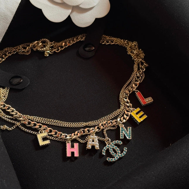 VINTAGE MULTI-LAYER ENAMEL LETTER NECKLACE IN COLORFUL BLUE DIAMOND DOUBLE C