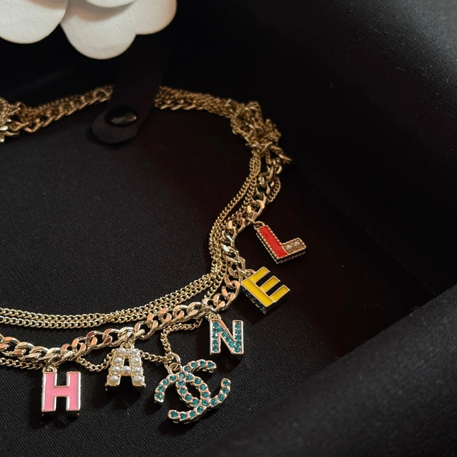 VINTAGE MULTI-LAYER ENAMEL LETTER NECKLACE IN COLORFUL BLUE DIAMOND DOUBLE C