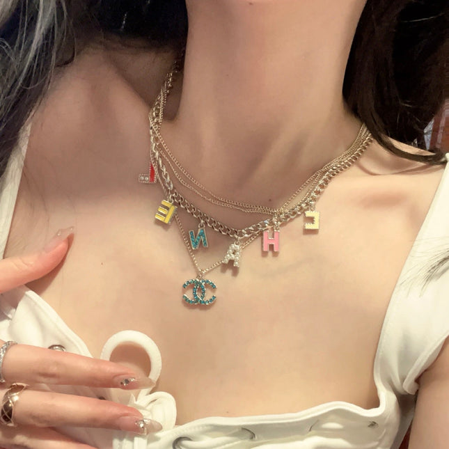 VINTAGE MULTI-LAYER ENAMEL LETTER NECKLACE IN COLORFUL BLUE DIAMOND DOUBLE C