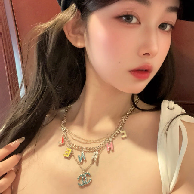 VINTAGE MULTI-LAYER ENAMEL LETTER NECKLACE IN COLORFUL BLUE DIAMOND DOUBLE C