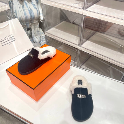 SLIP-ON MULE IN BLACK SUEDE AND SHEARLING LINING
