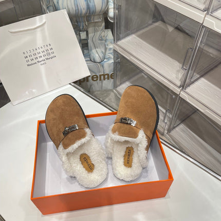 SLIP-ON MULE IN MEDIUM BROWN SUEDE AND SHEARLING LINING