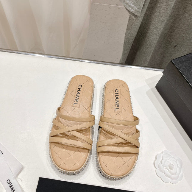 SLIPPERS CROSS STRAPS IN BEIGE CREAM LAMBSKIN