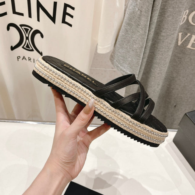 SLIPPERS CROSS STRAPS IN BLACK LAMBSKIN