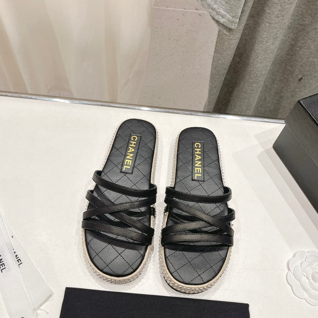 SLIPPERS CROSS STRAPS IN BLACK LAMBSKIN