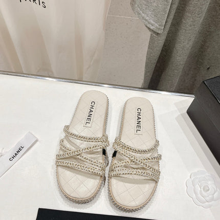 WOVEN STRAP SLIPPERS IN WHITE LAMBSKIN