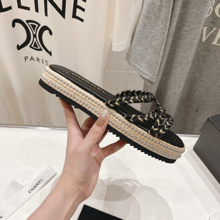 WOVEN STRAP SLIPPERS IN BLACK LAMBSKIN