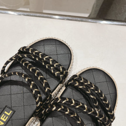WOVEN STRAP SLIPPERS IN BLACK LAMBSKIN