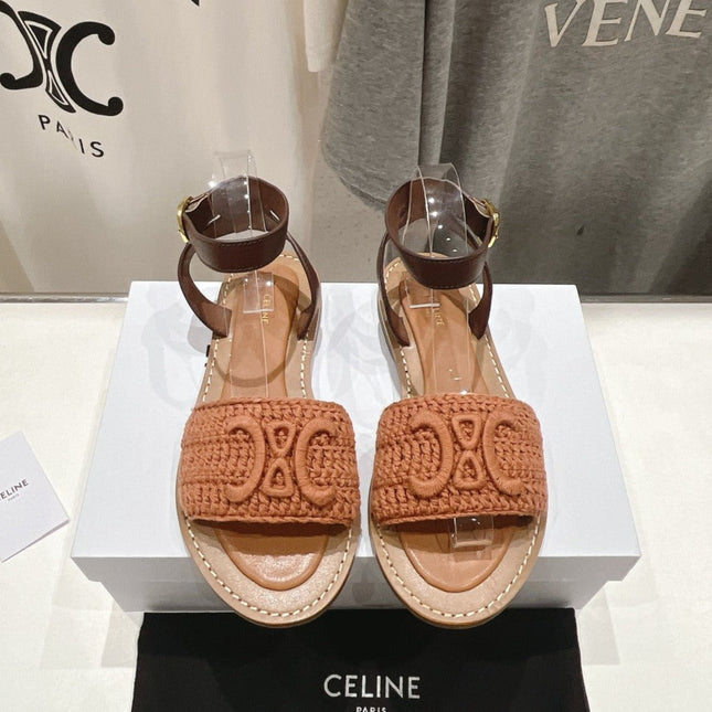 LYMPIA SANDAL IN TRIOMPHE MACCRAMÉ COTTON & CALFSKIN BROWN/DARK BROWN