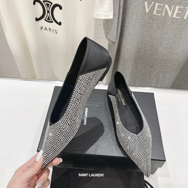 SL NOUR LEOPARD POINT TOE BALLET BLACK CRYSTAL SATIN