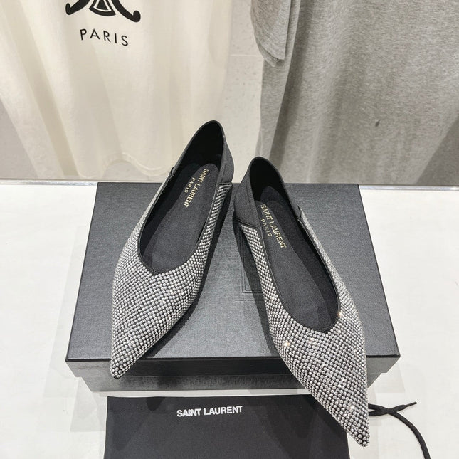 SL NOUR LEOPARD POINT TOE BALLET BLACK CRYSTAL SATIN