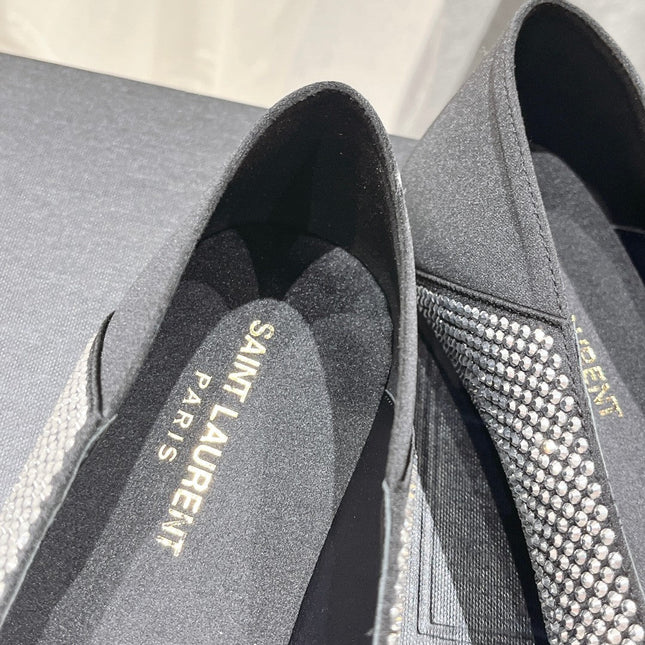 SL NOUR LEOPARD POINT TOE BALLET BLACK CRYSTAL SATIN