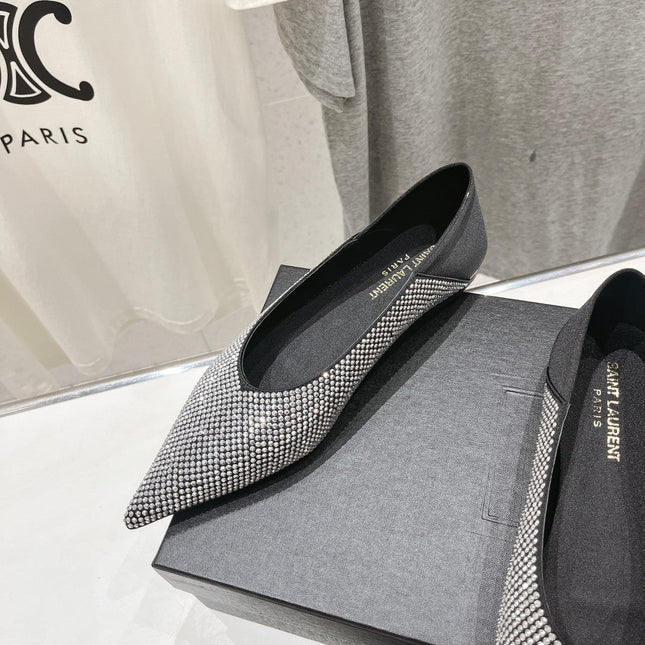 SL NOUR LEOPARD POINT TOE BALLET BLACK CRYSTAL SATIN