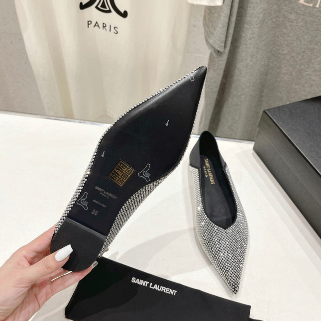 SL NOUR LEOPARD POINT TOE BALLET BLACK CRYSTAL SATIN