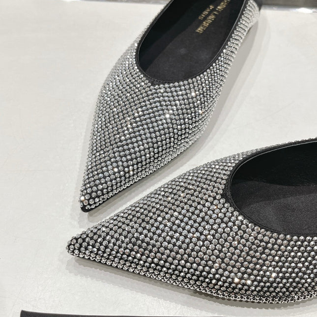 SL NOUR LEOPARD POINT TOE BALLET BLACK CRYSTAL SATIN