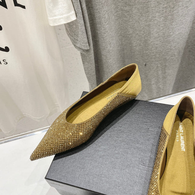 SL NOUR LEOPARD POINT TOE BALLET MUSTARD CRYSTAL SATIN