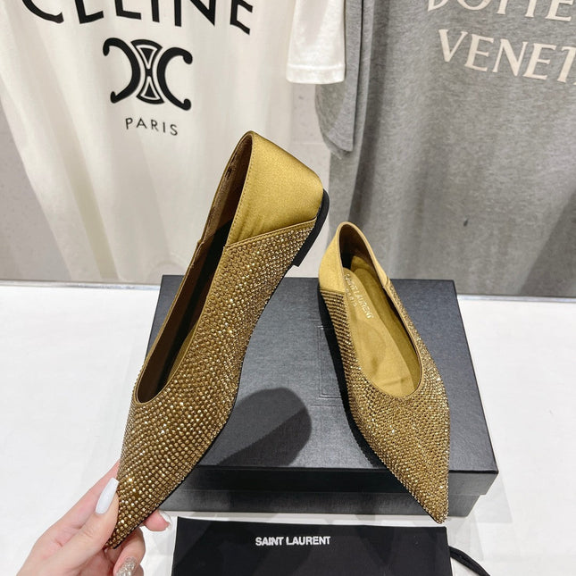 SL NOUR LEOPARD POINT TOE BALLET MUSTARD CRYSTAL SATIN