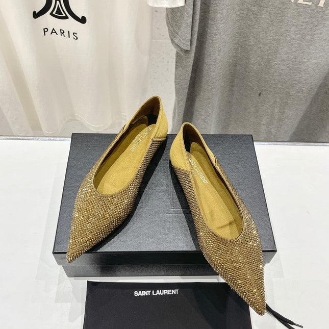 SL NOUR LEOPARD POINT TOE BALLET MUSTARD CRYSTAL SATIN