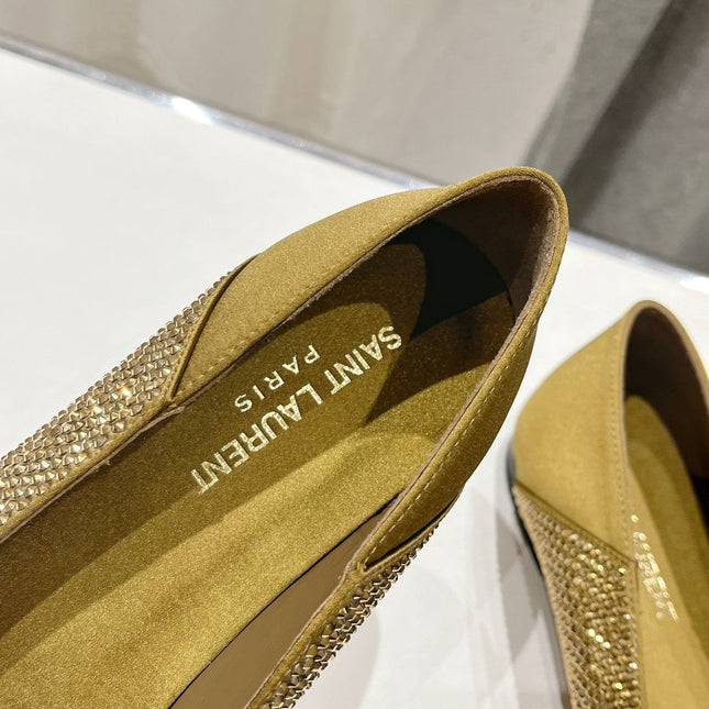 SL NOUR LEOPARD POINT TOE BALLET MUSTARD CRYSTAL SATIN