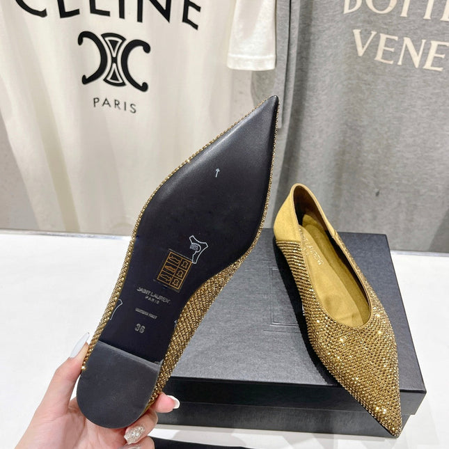 SL NOUR LEOPARD POINT TOE BALLET MUSTARD CRYSTAL SATIN