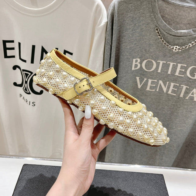 ALAIA PEARL MARY JANE SHOES IN LIGHT YELLOW MESH AND CALFSKIN