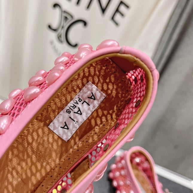 ALAIA PEARL MARY JANE SHOES IN DARK PINK MESH AND CALFSKIN