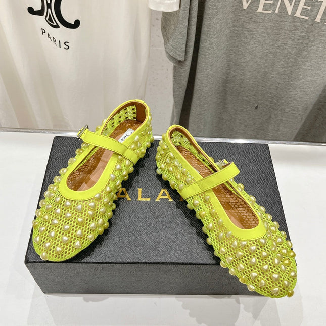 ALAIA PEARL MARY JANE SHOES IN NEON YELLOW MESH AND CALFSKIN
