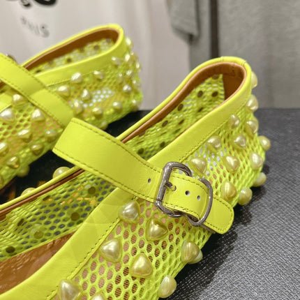 ALAIA PEARL MARY JANE SHOES IN NEON YELLOW MESH AND CALFSKIN